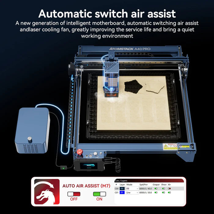 AtomStack A40 Pro Laser Machine Equipped with F60 Air Assist Kit